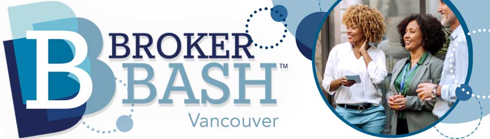 Broker Bash Vancouver logo with an image of two women socializing and two men in the background