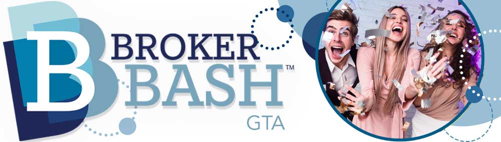Broker Bash GTA logo with image of two women and a man celebrating with silver confetti falling above.