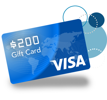 Image of a tilted Visa Gift Card with a value of $200