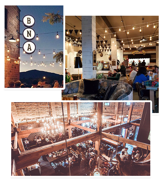 BNA restaurant picture collage showing their logo and interior space with people interacting and socializing
